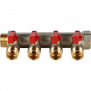 Коллектор STOUT c кранами 3/4" 4 выхода 1/2' (красные ручки) 